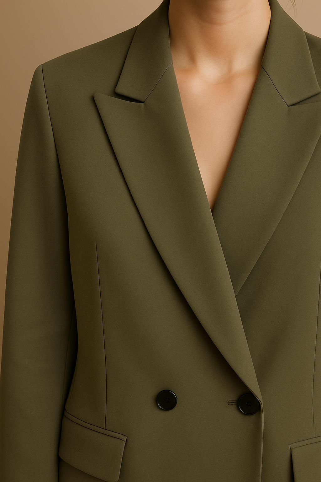 Damska marynarka z podwójnym zapięciem na guziki w kolorze oliwkowym