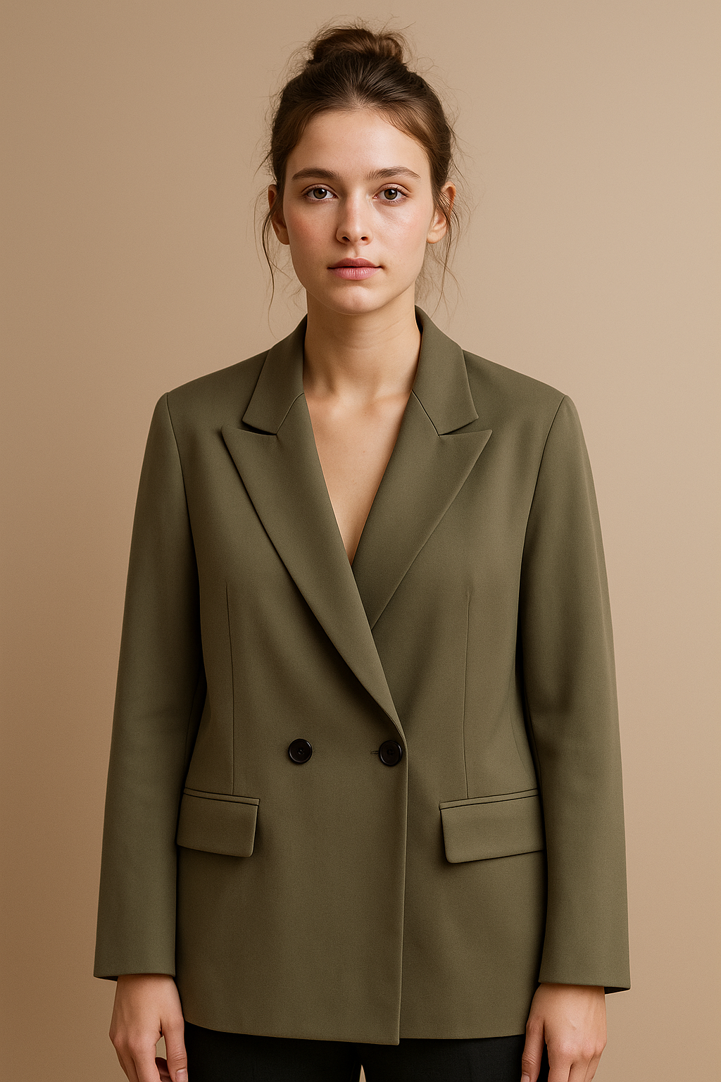 Damska marynarka z podwójnym zapięciem na guziki w kolorze oliwkowym