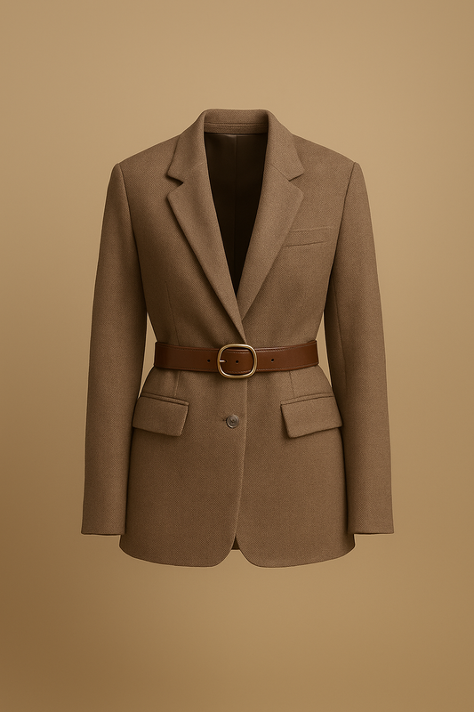 Damska marynarka z paskiem w brązowy wzór jodełki